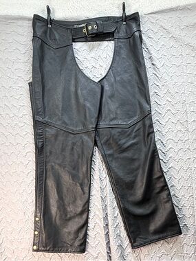 Vintage California Leather Creations Black Leather Motorcycle Chaps XL USA
